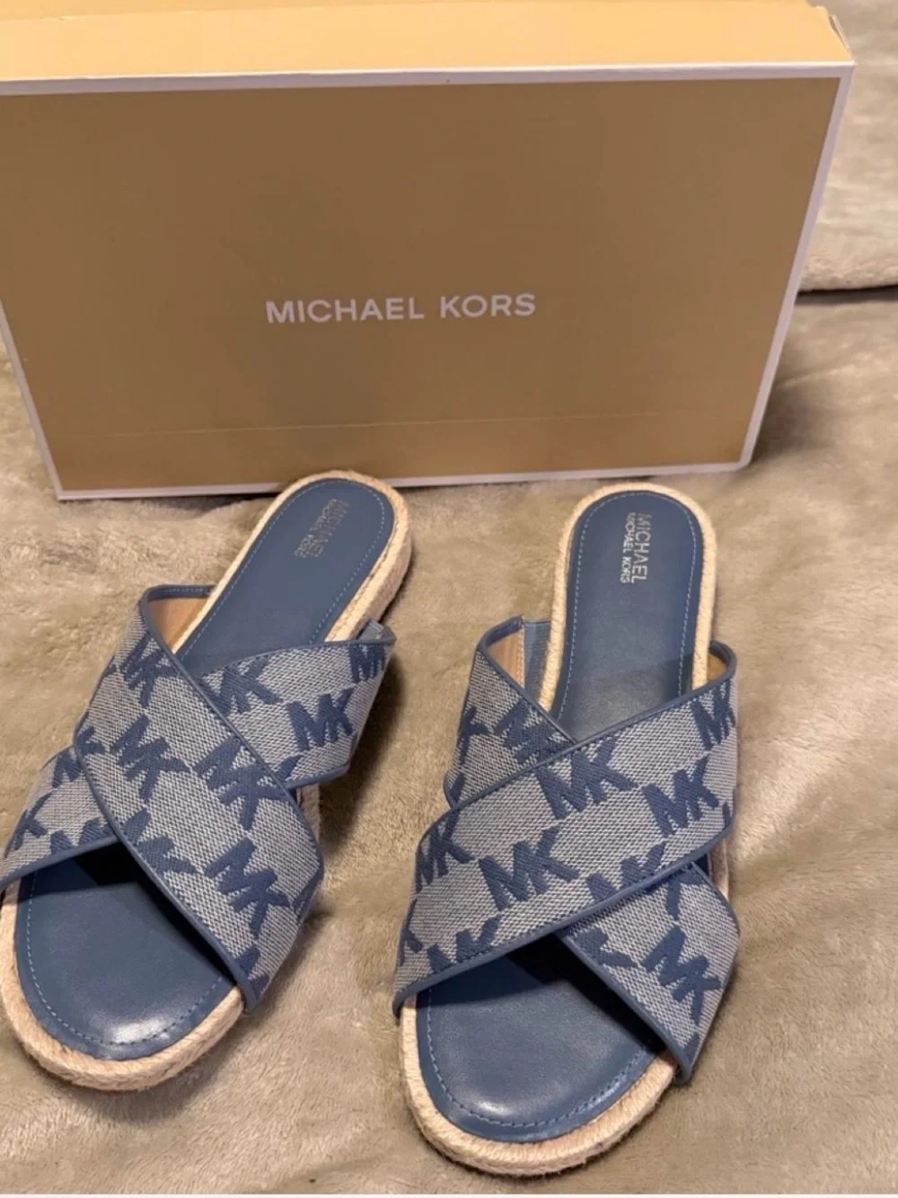 Michael Kors Navy Blue Espadrille Slide with MK Print